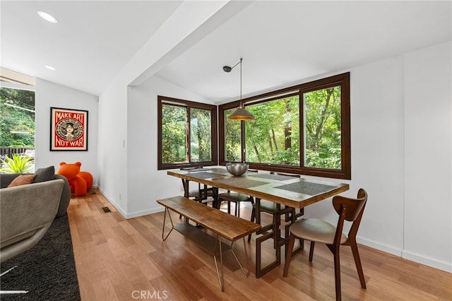 2402 Aspen Dr, Los Angeles, CA 90068 - dining space featuring recessed lighting, lofted ceiling, light wood-style floors, and baseboards