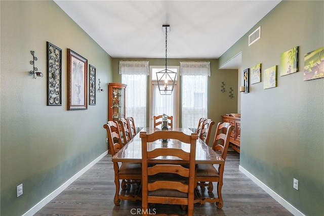 dining room featuring baseboards, dark wood finished floors, and visible vents