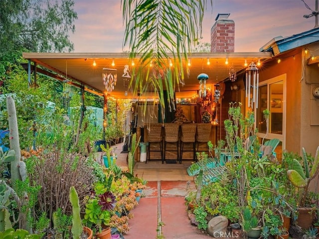 view of yard with outdoor dry bar and a patio