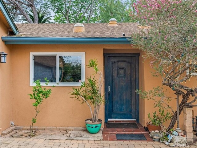 doorway to property featuring a shingled roof and stucco siding