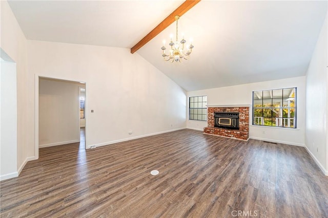 51192 Bon Veu Dr, Oakhurst, CA 93644 - unfurnished living room with a chandelier, dark wood-type flooring, and a brick fireplace