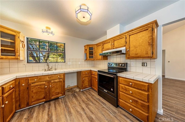 51192 Bon Veu Dr, Oakhurst, CA 93644 - kitchen with electric stove, under cabinet range hood, dark wood-type flooring, brown cabinetry, and tasteful backsplash