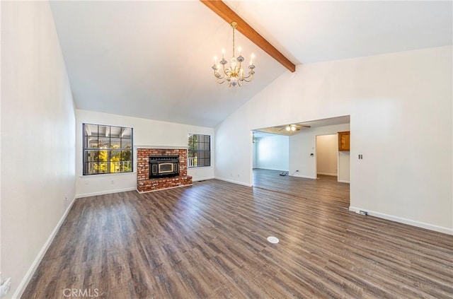 51192 Bon Veu Dr, Oakhurst, CA 93644 - unfurnished living room featuring beamed ceiling, a chandelier, dark wood-style flooring, high vaulted ceiling, and a fireplace