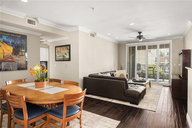 dining room featuring ceiling fan, wood finished floors, recessed lighting, and ornamental molding