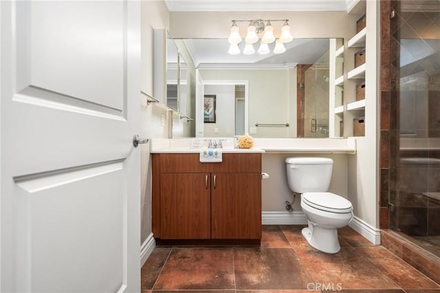 full bathroom featuring crown molding, toilet, a shower stall, vanity, and a chandelier