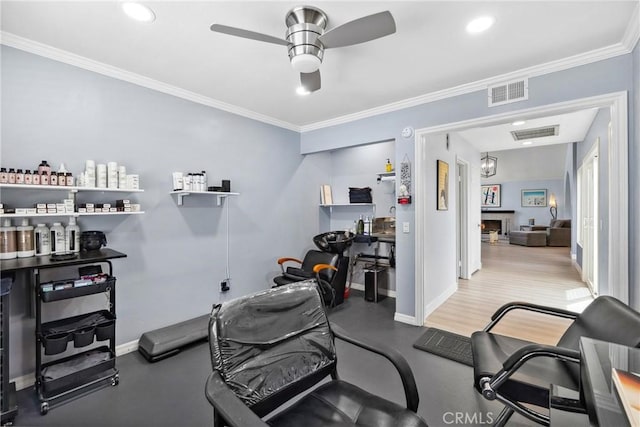 7701 Quimby Ave, West Hills, CA 91304 - exercise room featuring a ceiling fan, a warm lit fireplace, crown molding, and recessed lighting