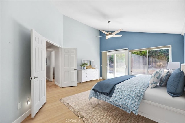 7701 Quimby Ave, West Hills, CA 91304 - bedroom with access to outside, light wood-style flooring, high vaulted ceiling, and ceiling fan
