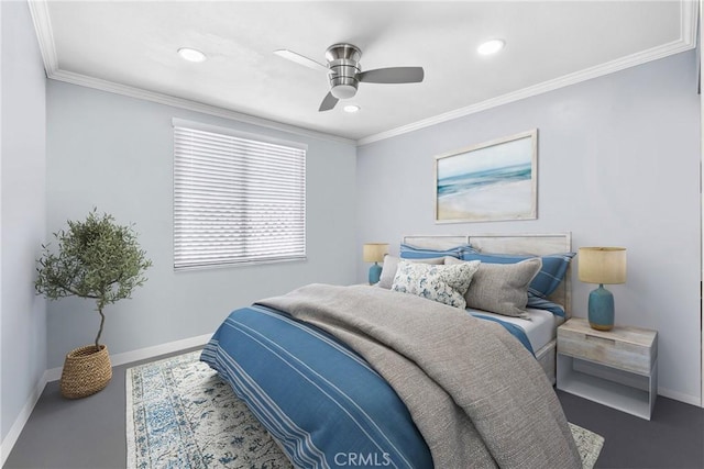 7701 Quimby Ave, West Hills, CA 91304 - bedroom with ornamental molding, recessed lighting, and ceiling fan