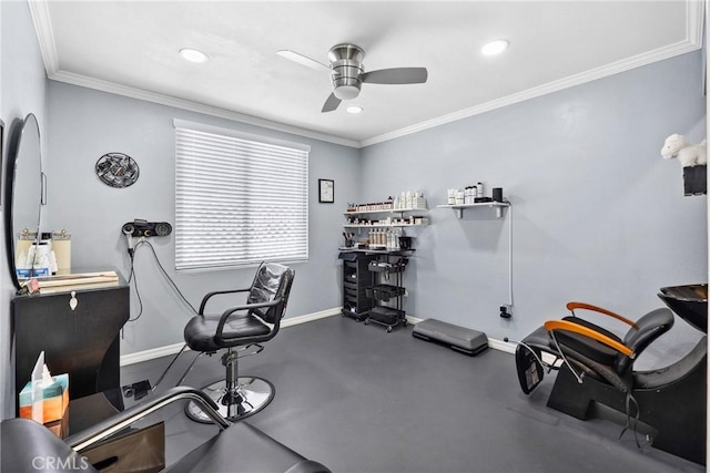 7701 Quimby Ave, West Hills, CA 91304 - exercise area with a ceiling fan, crown molding, and recessed lighting