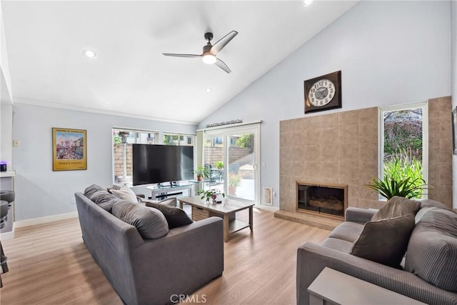 7701 Quimby Ave, West Hills, CA 91304 - living room with ceiling fan, healthy amount of natural light, high vaulted ceiling, recessed lighting, and light wood-style flooring