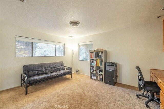 interior space featuring a textured wall, carpet floors, visible vents, and a textured ceiling