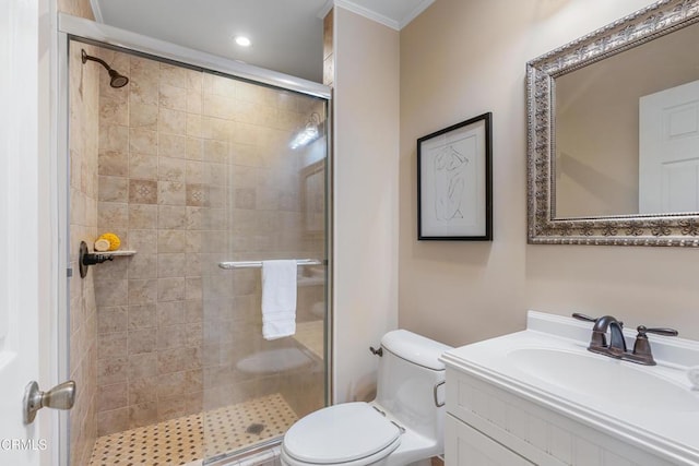 4806 Glenwood Ave, La Crescenta, CA 91214 - full bathroom with a shower stall, toilet, vanity, and crown molding
