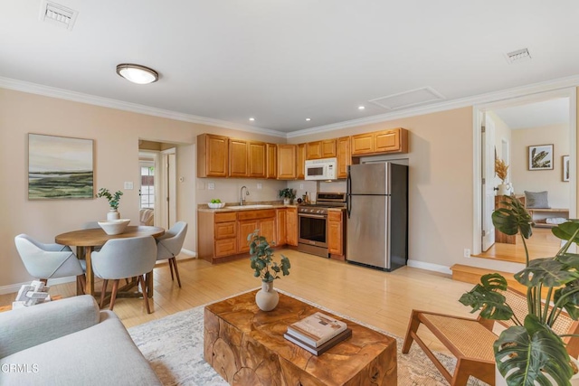 4806 Glenwood Ave, La Crescenta, CA 91214 - living room featuring baseboards, light wood-style floors, ornamental molding, attic access, and recessed lighting