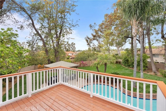 wooden deck with a lawn and a fenced backyard