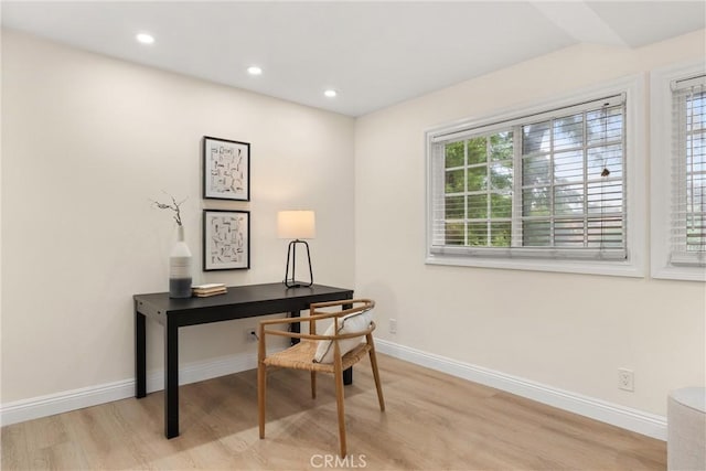 office with recessed lighting, light wood-style flooring, and baseboards