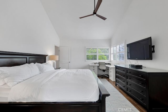 22724 Califa St, Woodland Hills, CA 91367 - bedroom with dark wood-style floors, high vaulted ceiling, a ceiling fan, and a desk