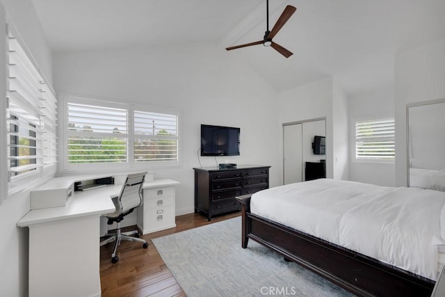 22724 Califa St, Woodland Hills, CA 91367 - bedroom featuring wood finished floors, an office area, beamed ceiling, a ceiling fan, and high vaulted ceiling