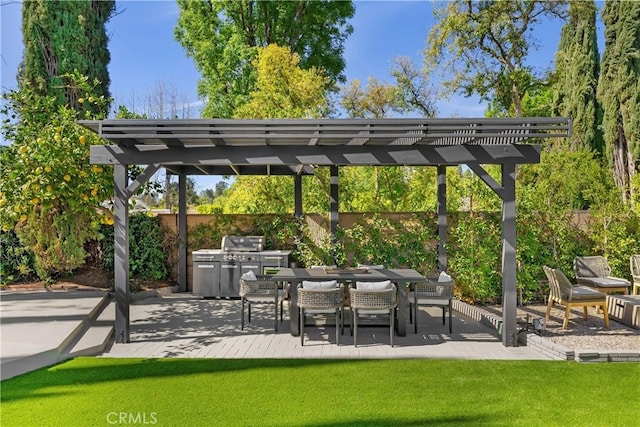 view of patio featuring a pergola, fence private yard, area for grilling, and outdoor dining area