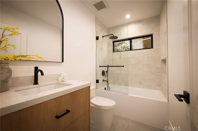 full bath featuring recessed lighting, visible vents, toilet, vanity, and tub / shower combination