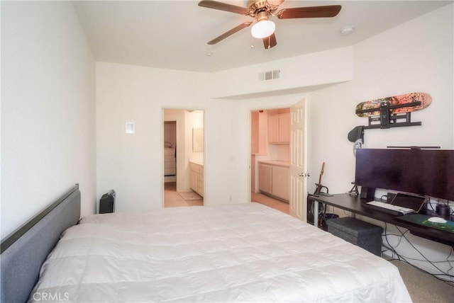 803 Maplewood, Irvine, CA 92618 - bedroom featuring ensuite bath, visible vents, carpet, and a ceiling fan