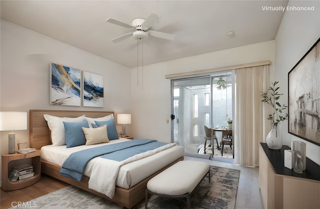bedroom featuring a ceiling fan and access to exterior