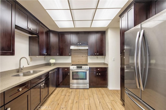 kitchen with a sink, light wood-type flooring, appliances with stainless steel finishes, light countertops, and under cabinet range hood