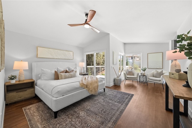 bedroom featuring access to outside, wood finished floors, vaulted ceiling, and a ceiling fan