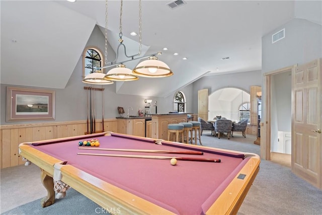 playroom featuring visible vents, vaulted ceiling, pool table, and carpet floors
