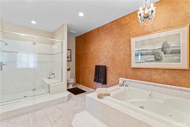 bathroom featuring a shower stall, a chandelier, a whirlpool tub, toilet, and tile patterned flooring