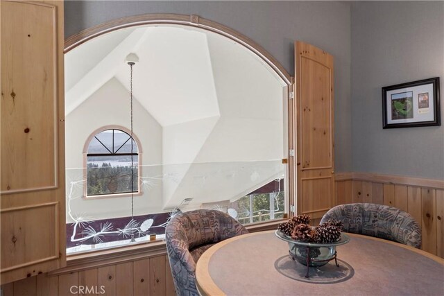 dining room featuring wainscoting and vaulted ceiling