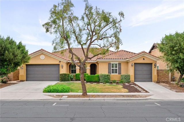 14408 Narcisse Dr, Eastvale, CA 92880 - mediterranean / spanish-style home featuring a tile roof, a front lawn, concrete driveway, an attached garage, and stucco siding