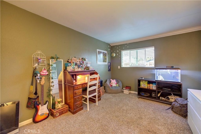 playroom featuring baseboards, carpet floors, and ornamental molding