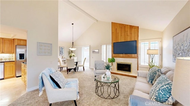 living room featuring light colored carpet, beamed ceiling, a large fireplace, high vaulted ceiling, and light tile patterned floors