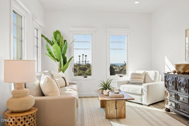 living area featuring baseboards, wood finished floors, and recessed lighting