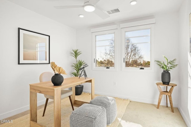 office area featuring recessed lighting, visible vents, baseboards, and ceiling fan
