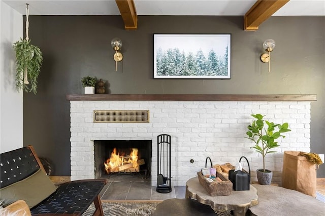29387 Lake View Dr, Cedar Glen, CA 92321 - interior details featuring a fireplace and beamed ceiling