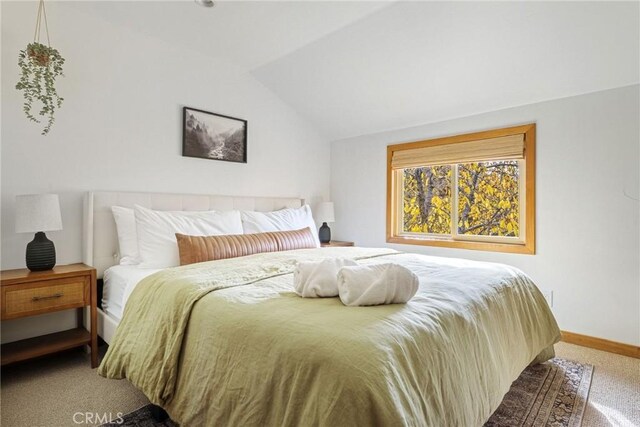29387 Lake View Dr, Cedar Glen, CA 92321 - bedroom with baseboards, carpet, and lofted ceiling