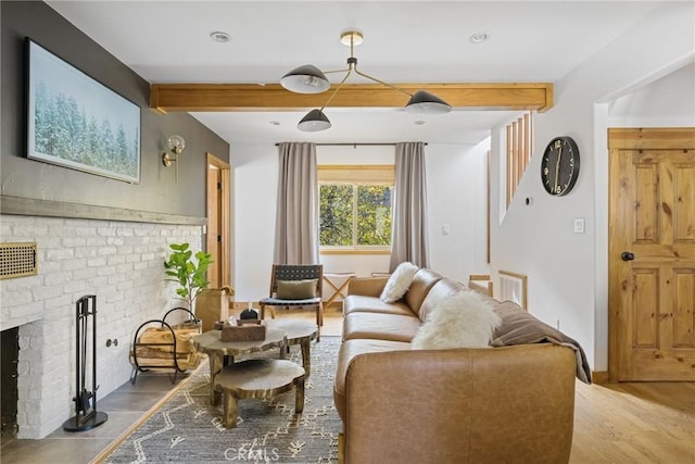 29387 Lake View Dr, Cedar Glen, CA 92321 - living room with visible vents, a fireplace, wood finished floors, beamed ceiling, and recessed lighting
