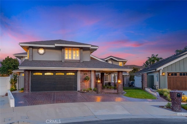 1232 Blue Gum Ln, Newport Beach, CA 92660 - view of front facade featuring fence, a shingled roof, decorative driveway, and an attached garage