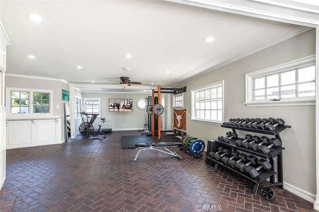 1232 Blue Gum Ln, Newport Beach, CA 92660 - exercise room featuring ornamental molding, recessed lighting, and brick floor