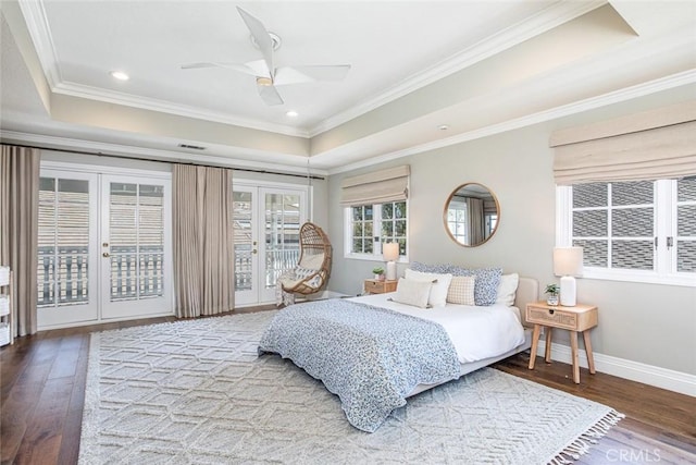 1232 Blue Gum Ln, Newport Beach, CA 92660 - bedroom with wood-type flooring, access to outside, a tray ceiling, crown molding, and baseboards