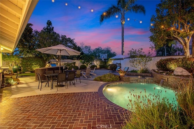 1232 Blue Gum Ln, Newport Beach, CA 92660 - view of swimming pool featuring fence, outdoor dining space, and a patio area