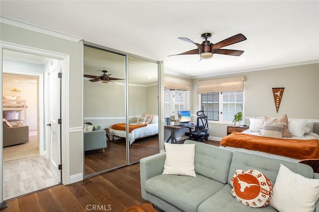 1232 Blue Gum Ln, Newport Beach, CA 92660 - bedroom with ornamental molding, a closet, baseboards, and dark wood finished floors
