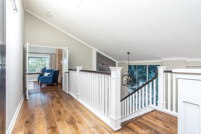 1232 Blue Gum Ln, Newport Beach, CA 92660 - hall with an upstairs landing, wood finished floors, ornamental molding, and vaulted ceiling