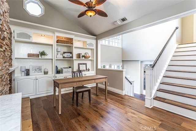 1232 Blue Gum Ln, Newport Beach, CA 92660 - office space with ceiling fan, high vaulted ceiling, visible vents, and dark wood finished floors