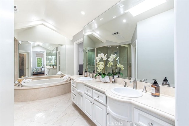 1232 Blue Gum Ln, Newport Beach, CA 92660 - full bathroom with double vanity, a sink, a shower stall, and lofted ceiling
