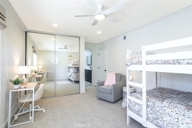 1232 Blue Gum Ln, Newport Beach, CA 92660 - bedroom featuring recessed lighting, carpet floors, ornamental molding, baseboards, and visible vents