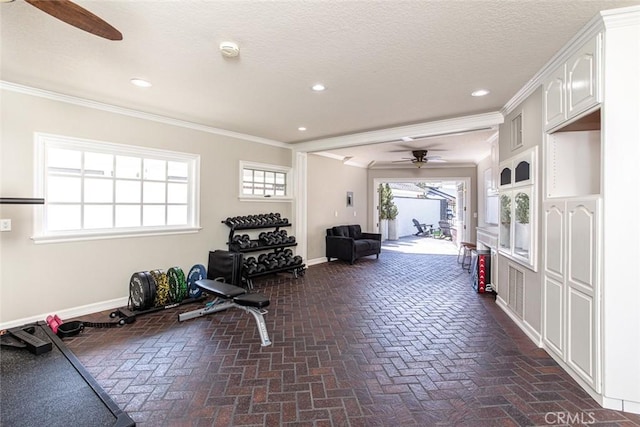 1232 Blue Gum Ln, Newport Beach, CA 92660 - exercise room with recessed lighting, brick floor, baseboards, a ceiling fan, and crown molding