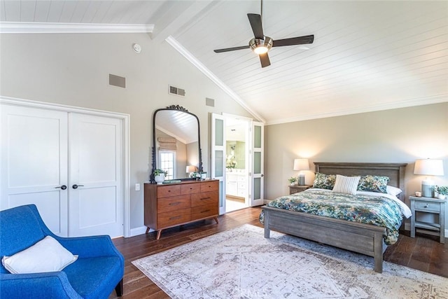 1232 Blue Gum Ln, Newport Beach, CA 92660 - bedroom featuring lofted ceiling with beams, a closet, ceiling fan, visible vents, and wood finished floors