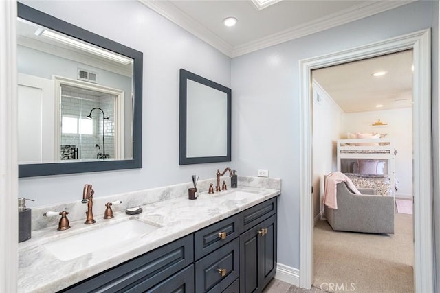 1232 Blue Gum Ln, Newport Beach, CA 92660 - bathroom with connected bathroom, double vanity, a sink, visible vents, and crown molding